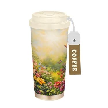 Imagem de SEHANY Caneca de viagem borboleta e flores de 482 ml Copos de café reutilizáveis revestidos de cerâmica com tampa à prova de vazamento, parede dupla, isolamento a vácuo, copo de café de aço inoxidável