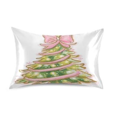 Imagem de ATTX Fronha de almofada de árvore de Natal com laço rosa com fecho de envelope para cabelo e pele, macia, respirável, suave, ambos os lados, capa de almofada de seda refrescante (tamanho padrão 50 x