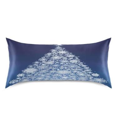 Imagem de Blueangle Capa de almofada de cetim de árvore de Natal com flocos de neve para cabelo e pele, tamanho king size (50,8 x 101,6 cm) - Capas de almofada de cetim refrescantes com fecho de envelope (320)