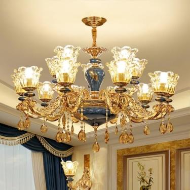 Imagem de Luminária pendente de cristal de luxo em estilo europeu - ideal para sala de estar, hall de entrada, sala de jantar e quarto | Detalhes em cerâmica (12 lâmpadas, 100 cm)