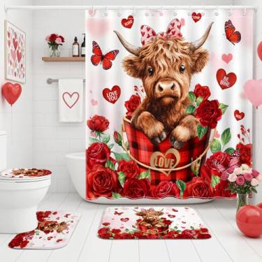 Imagem de Conjunto de cortina de chuveiro para dia dos namorados vermelho floral doce coração cortina de chuveiro com tapetes de banho antiderrapantes, capa de tampa de vaso sanitário linda vaca Highland