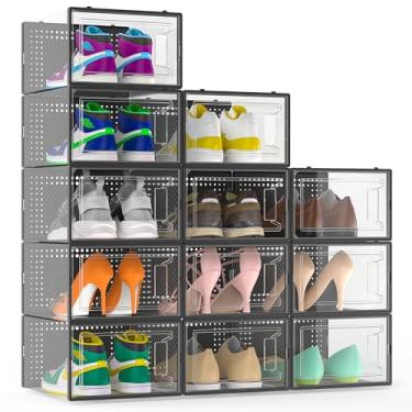 Imagem de Secret Space Pacote com 12 caixas organizadoras de sapatos grandes para armário, caixas de sapato modulares que economizam espaço, recipientes empilháveis de plástico transparente para tênis, estojo