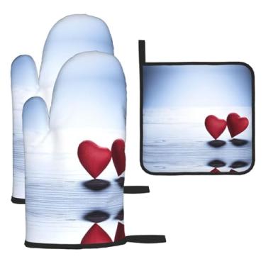 Imagem de Red Hearts – Conjunto de cozinha essencial com 3 peças, luvas resistentes ao calor e aderência da tampa, proteção para churrasco no forno, design de armazenamento suspenso.
