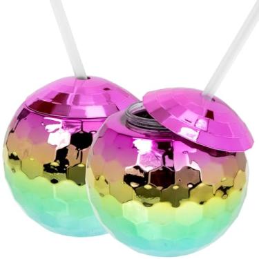Imagem de Copos de discoteca de bola de discoteca 2 peças de copos de bola de discoteca arco-íris copos de bebida vintage de coquetel com tampa canudo 70s lembrancinhas de festa discoteca