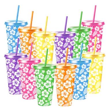 Imagem de FYSUIMU 12 peças de copos havaianos de verão com tampas e canudos Hibisco Havaí 6 copos de plástico reutilizáveis para viagem para praia, piscina, Luau Tiki, artigos de festa, 680 g