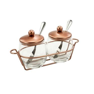 Imagem de Conjunto para Servir Geleia Dois Potes e Suporte Cobre Forma Utilidades