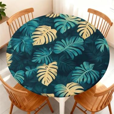 Imagem de Yesad Toalha de mesa redonda com borda elástica para mesa redonda de até 114 a 122 cm, capa de mesa impermeável para acampamento, interior, exterior, férias, verão, palmeira
