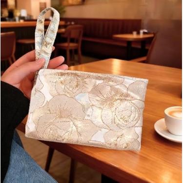 Imagem de Bolsa de telefone de lona jacquard rosa dourada – Mini bolsa de mão, bolsa de armazenamento multifuncional para cartões e pequenos itens essenciais, Dourado