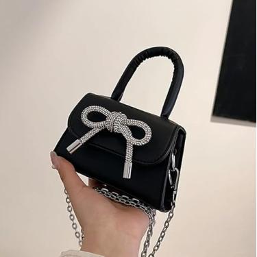 Imagem de Mini bolsa tiracolo com laço para mulheres – Bolsa de ombro quadrada estilo coreano com grande capacidade, Preto, Bolsas transversais