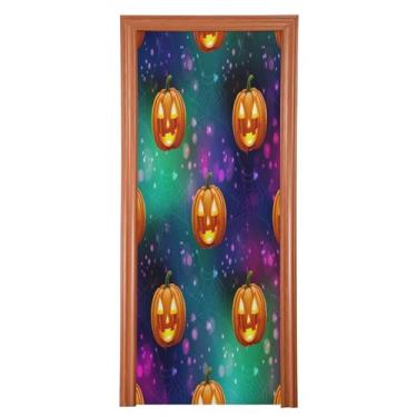 Imagem de Qilmy Decoração de cobertura de porta de abóbora de Halloween 91 x 248 cm tecido grande para decoração de festas de fim de ano para porta da frente varanda decoração externa janela parede 634