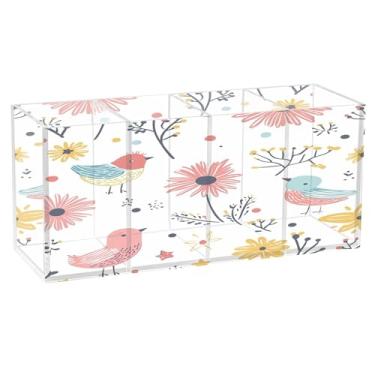 Imagem de Burbuja Porta-canetas de acrílico com flores de jardim, 4 compartimentos, suporte de lápis transparente para pincéis de maquiagem fixos, acessórios de mesa de escritório em casa
