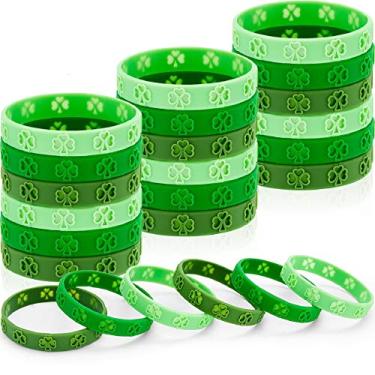 Imagem de 48 peças de pulseiras de borracha de trevo irlandês do dia de São Patrício, pulseiras de borracha recortadas para lembrancinhas de festa de Dia de São Patrício, decorações de presentes