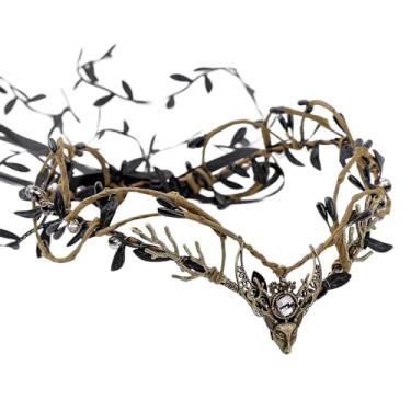 Imagem de MOSTORY Coroa de elfo de flor negra – Chapéu de fada escura com videiras para fantasia medieval renascentista feminina, círculo de elfos góticos para Renfaire Halloween, cosplay, fantasia, estética