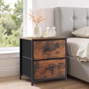 Imagem de Wyngoo Mesa de cabeceira, 2 gavetas de armazenamento, mesa lateral com tampo de madeira e caixas de tecido, cômoda de cabeceira para quarto de hóspedes, armário, entrada, dormitório universitário