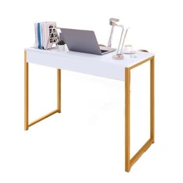 Imagem de Mesa Escrivaninha Escritório Estilo Industrial Computador Fácil Montagem (MARMORE/DOURADO,MAIOR 90X45)