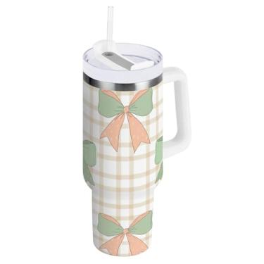 Imagem de WELLDAY Copo de 1,134 g com alça e tampa de canudo | Caneca de viagem reutilizável com laços de pêssego verde com isolamento térmico garrafa de água de aço inoxidável, mantém frio por 34 horas ou