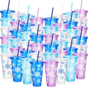Imagem de Chuangdi Conjunto de 48 copos de plástico de flocos de neve copos de Natal a granel com tampas, canudos, 680 g, copo de festa de Natal, reutilizável, café, para bebidas quentes e frias, festas