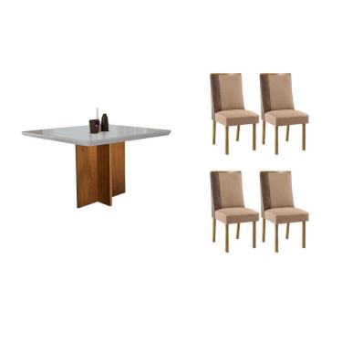 Imagem de Sala Jantar Mesa Berlim Tampo c/ Vidro Curvo 90cm+4 Cadeiras Tilia Madeira Naturale/Off White - Capuccino/Linho Capuccino - Rufato