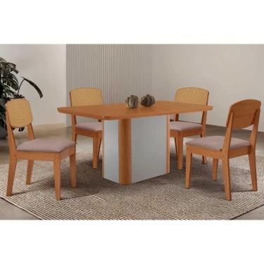 Imagem de Sala Jantar Mesa Pietá Tampo Curvo 120cm+4 Cadeiras Havana Naturale/Off White - Linho Capuccino - Rufato