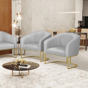 Imagem de Poltrona Sala Decorativa Kit 2 Stella Base Industrial Dourada Sintético Cinza D03 - D'rossi