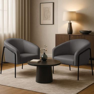 Imagem de Poltrona Sala Decorativa Kit 2 Stella Base Alta Tubo Preto Sintético Grafite D03 - D'rossi