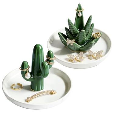 Imagem de SIBAO Pacote com 2 pratos de anel de aloe e cacto, bandeja de joias de cerâmica, organizador de joias de plantas para anéis, brincos, colar, chaves, presente para casamento, aniversário, Natal