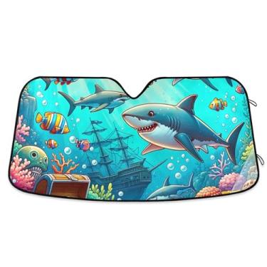 Imagem de Toldo de sol personalizado azul tubarões para para-brisa de carro bonito dobrável caminhão carro janela persianas para-brisa frontal retrátil M, 139.7 cm x 70.1 cm