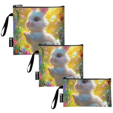 Imagem de Sacos de sanduíche reutilizáveis de coelho branco coelho flores de coelho lavável bolsa de armazenamento de alimentos com zíper para crianças e adultos (conjunto de 3: P/M/G)