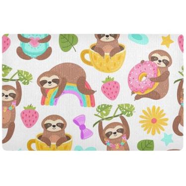 Imagem de TSENQUE Tapete de entrada fofo com desenho animado de bicho-preguiça personalizado, tapete de entrada fofo, tapete de boas-vindas absorvente antiderrapante para casa, lavável 81 x 50 cm