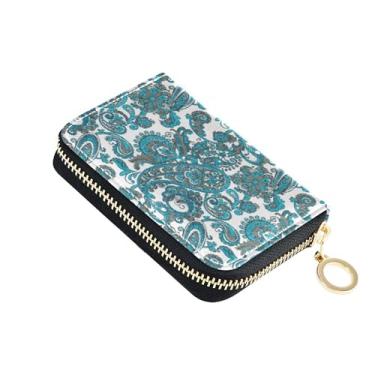 Imagem de Carteiras femininas elegantes com motivos paisley, azul e verde, pequeno porta-cartões com bloqueio de RFID, bolsa de moedas minimalista e minimalista com zíper