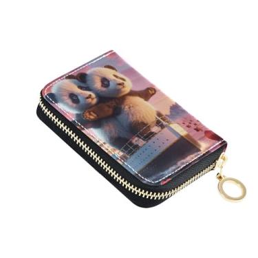 Imagem de Funny Panda Love Valentine Carteira feminina de couro com suporte para cartão de crédito com bloqueio de RFID com zíper e zíper