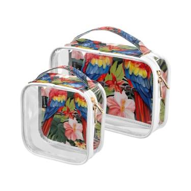 Imagem de GAIGEO Merry Christmas com sinos e bolachas conjunto de bolsas de cosméticos transparentes, bolsa de zíper transparente, bolsas de acessórios de viagem, pacote com 2, Papagaios e flores tropicais - 6
