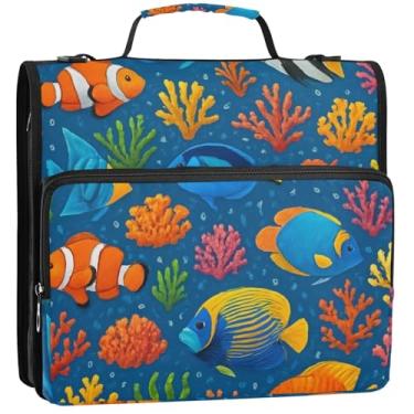 Imagem de Organizador de fichário colorido de peixes tropicais com 3 anéis de 3 anéis de 3,8 cm bolsa escolar com alça de ombro, estojo de armazenamento com alça, 34,5 x 31,5 x 9 cm