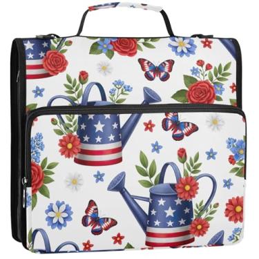 Imagem de Latas de rega, borboletas, brancas, 3 anéis, 3 argolas, com zíper, bolsa organizadora com alça para armazenamento escolar, pasta de portfólio com alça, 34,5 x 31,5 x 9 cm