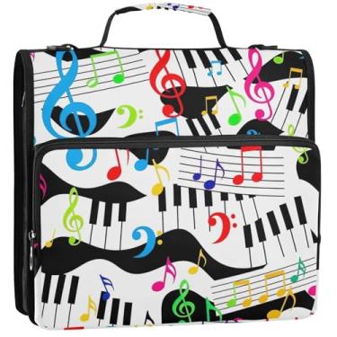 Imagem de Fichários de 3 anéis com 3 anéis de teclado de piano resistente com zíper organizador de fichários escolares bolsa com alça de ombro fofa vários bolsos pasta grande para portfólio, 34,5 x 31,5 x 9 cm