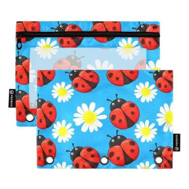 Imagem de GAIGEO Bolsa de lápis com 3 anéis, joaninha, branca, margarida, azul, caneta, fichário com zíper, pintura escolar, bolsos transparentes 25 x 18 cm, 2 pacotes