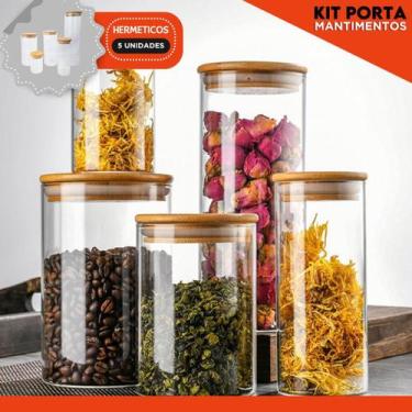 Imagem de Kit 5 Porta Mantimentos Herméticos de Vidro, Tampa Bambu com Vedação, 
