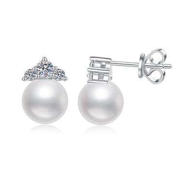 Imagem de Rostisla S925 prata esterlina estilo queen quase redondo pérola de água doce design minimalista 0,32 quilates D-color Moçambique brincos de pérola de diamante