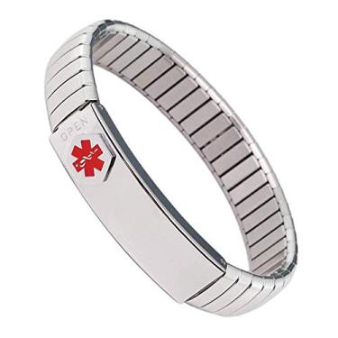 Imagem de Pulseira de alerta médico para homens e mulheres, pulseira de identificação elástica de aço inoxidável personalizada (coloque os detalhes na seção de elevação, cartão médico personalizado + livre de tiras) (prata, 18 cm)