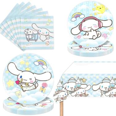 Imagem de Pacote com 41 artigos de festa Cinnamorolls incluem 10 pratos de 18 cm, 10 pratos de 23 cm, 20 guardanapos, 1 toalha de mesa para decoração de festa de aniversário Cinnamorolls