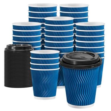 Imagem de Clawsoff Pacote com 100 xícaras de café com tampas de 227 g, copos de café descartáveis de papel ondulado para parede para bebidas quentes/frias, escritório, casa, loja, evento (azul marinho)