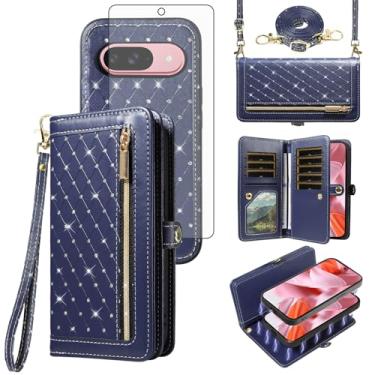 Imagem de Asuwish Capa de celular para Google Pixel 9/9 Pro 5G carteira com zíper destacável protetor de tela de vidro temperado alça transversal flip bling titular cartão de crédito Pixel9 9Pro nove mulheres