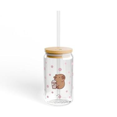 Imagem de Copo de vidro Capybara com tampa e canudo, copo de vidro transparente de 473 ml com design floral