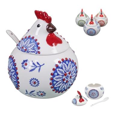 Imagem de Kingwi Saleiro de cerâmica com tampa e colher, pote grande de sal de frango de 368 g, suporte de sal para balcão, café, açúcar, especiarias e doces, recipientes de sal para bancada (azul)