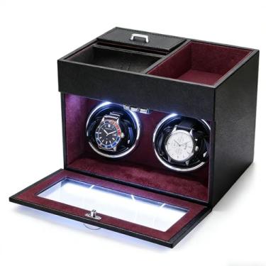 Imagem de J&T Technology Enrolador de relógio duplo com bandeja organizadora de joias masculinas, enrolador de relógio com luz de fundo de LED, motor Mabuchi super silencioso (preto + vermelho)