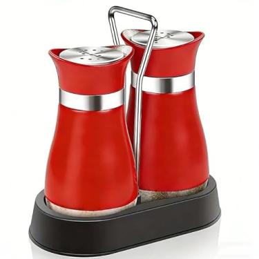 Imagem de Conjunto de 2 peças de saleiro e pimenteiro com suporte – Saleiro e pimenta modernos recarregáveis, recipientes de 118 ml (vermelho)
