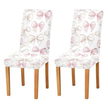Imagem de SEHANY Conjunto de 2 capas de cadeira com laço de bolinhas rosa para sala de jantar, elástico, removível e lavável, para cozinha, hotel, festa, Natal