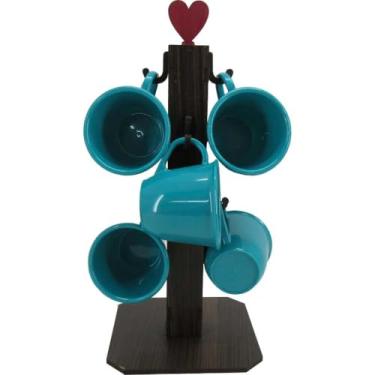 Imagem de Pedestal Porta Xícaras com 6 Xícaras de Acrílico 85ml – Ideal para Café, Chá e Decoração Doméstica, Organizador Prático para Cozinha (Verde Tiffany)