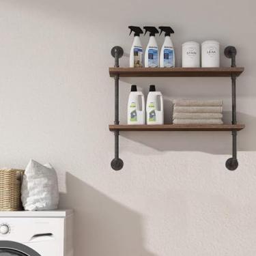 Imagem de pcagfaajmh Prateleiras de parede flutuantes de 2 camadas com suportes de metal Prateleira organizadora de armazenamento de madeira rústica para lavanderia/banheiro/quarto/escritório - Prateleira
