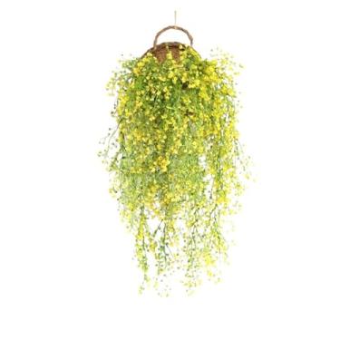 Imagem de 1 vaso de flores para pendurar na parede, cesta de vime rattam, vaso de videira, suporte de plantas de interior, 5 cores (amarelo)